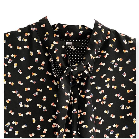 Uniqlo Black Heart print tie neck blouse, size XS - Picture 3 of 10
